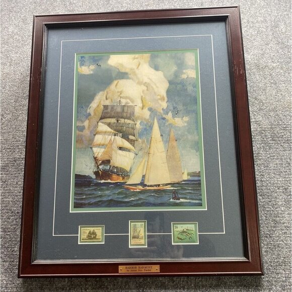 Anton Otto‎ Fischer Framed Art Print Harbor Harmony Commemorative Stamps 18x22